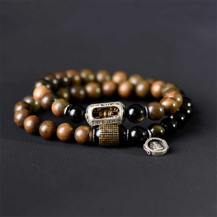 Buddha Stones Tibetaans groen sandelhout, goudglans obsidiaan, balans, vrede, dubbele Armband - image 2