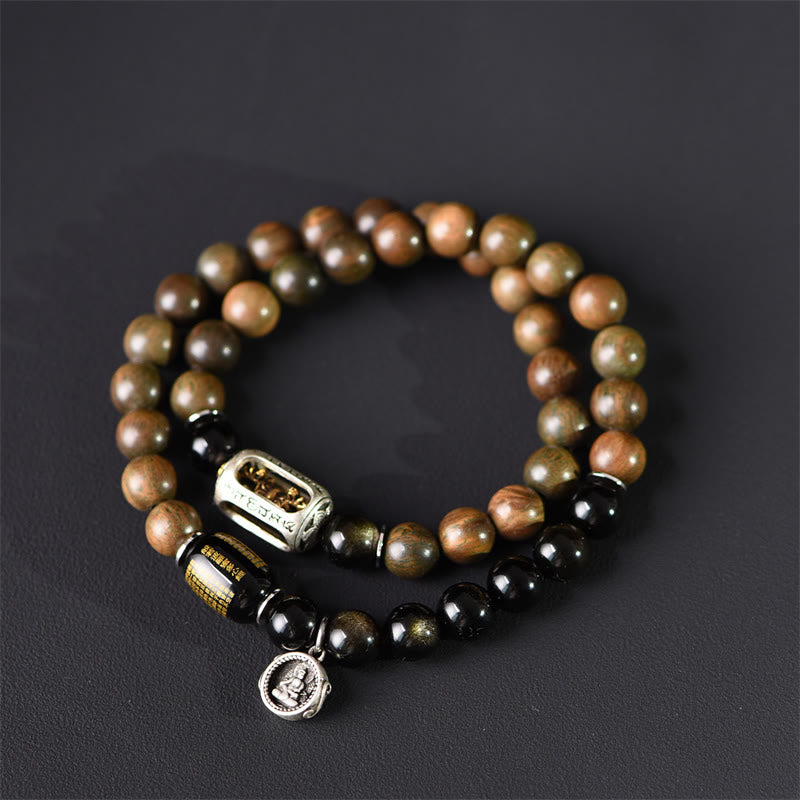 Buddha Stones Tibetaans groen sandelhout, goudglans obsidiaan, balans, vrede, dubbele Armband - 18-19 cm - image 0