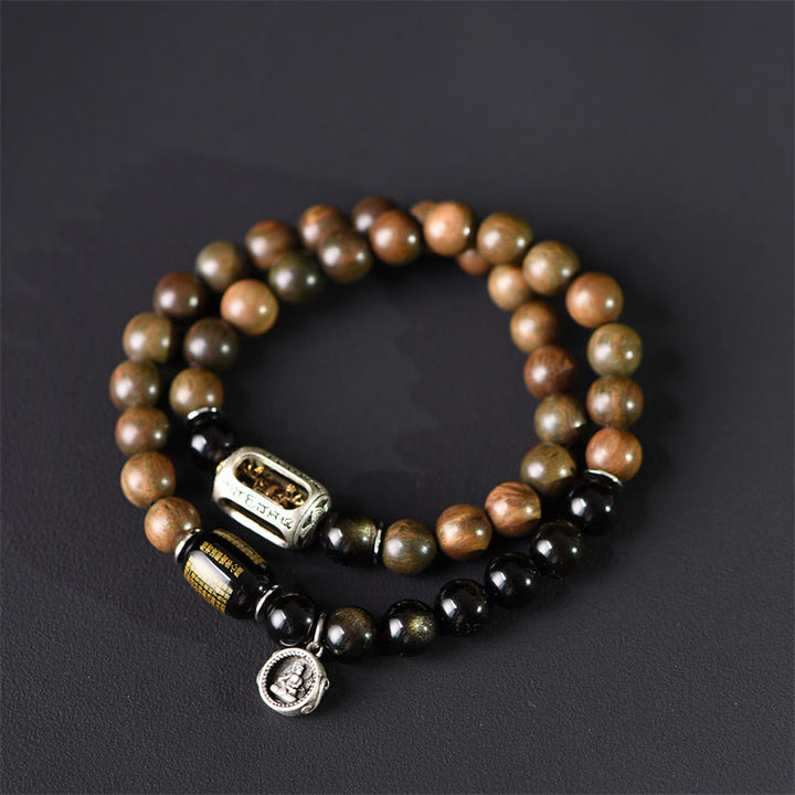 Buddha Stones Tibetaans groen sandelhout, goudglans obsidiaan, balans, vrede, dubbele Armband - 18-19 cm - image 0