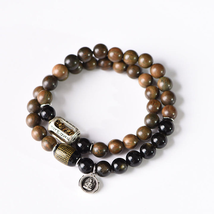 Buddha Stones Tibetaans groen sandelhout, goudglans obsidiaan, balans, vrede, dubbele Armband - image 15