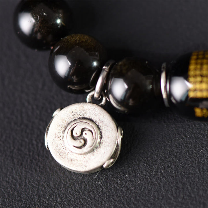 Buddha Stones Tibetaans groen sandelhout, goudglans obsidiaan, balans, vrede, dubbele Armband - image 12
