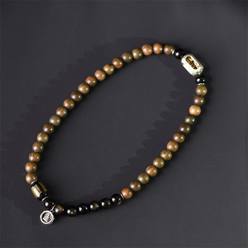 Buddha Stones Tibetaans groen sandelhout, goudglans obsidiaan, balans, vrede, dubbele Armband - image 1