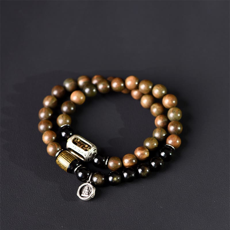 Buddha Stones Tibetaans groen sandelhout, goudglans obsidiaan, balans, vrede, dubbele Armband - image 14
