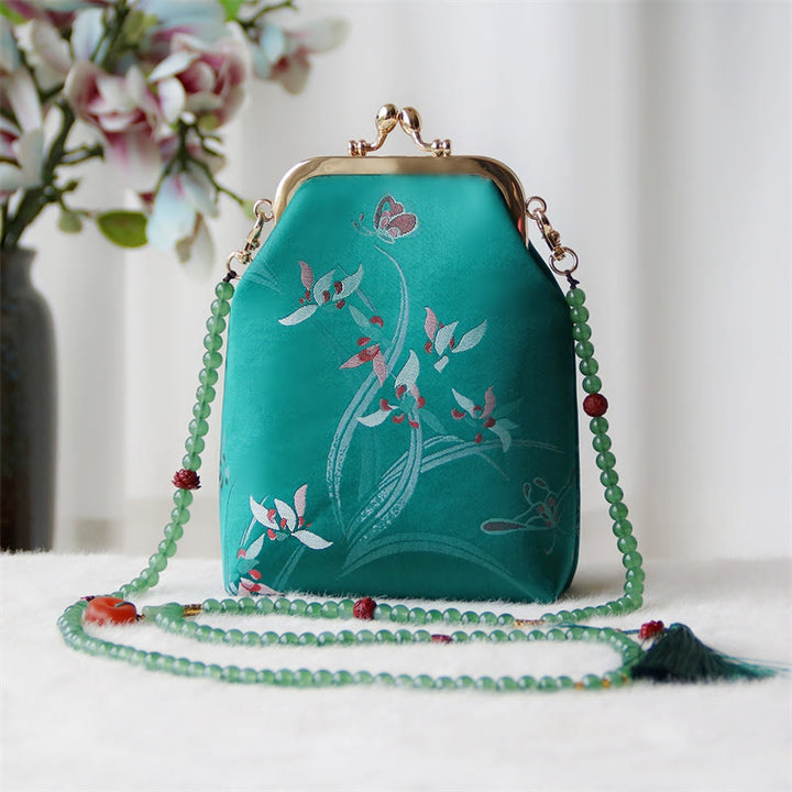 Buddha Stones Retro Chinese schoudertas met parelketting en Schoudertas (crossbody) - Groene vlinderorchidee vlinder 14*6*18cm - image 27