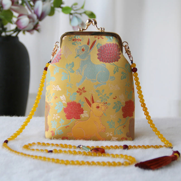 Buddha Stones Retro Chinese schoudertas met parelketting en Schoudertas (crossbody) - Geel konijn met rode bloem 14*6*18cm - image 13