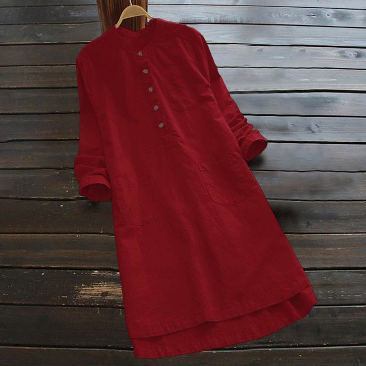 Buddha Stones Damesblouse met Lange mouw, effen knoopsluiting en Zakken - Rood - US16, UK/AU20, EU48 (5XL) - image 17