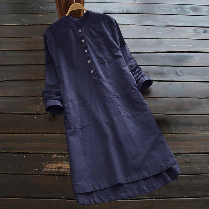 Buddha Stones Damesblouse met Lange mouw, effen knoopsluiting en Zakken - Marine - US16, UK/AU20, EU48 (5XL) - image 14