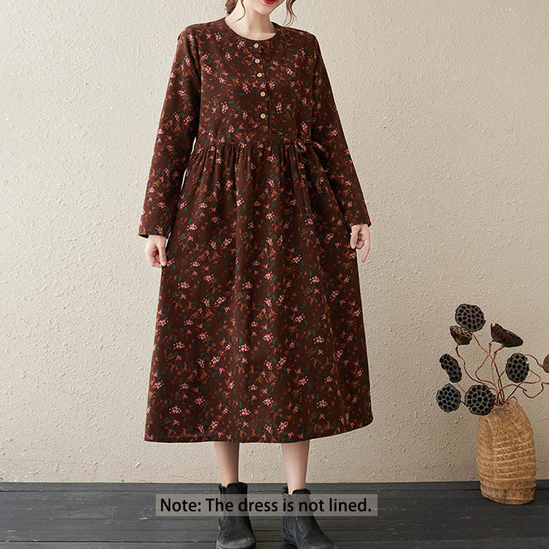 Buddha Stones Midi -jurk met Lange mouw, etnische print, bloemenmotief, knoopsluiting en Zakken . - image 1