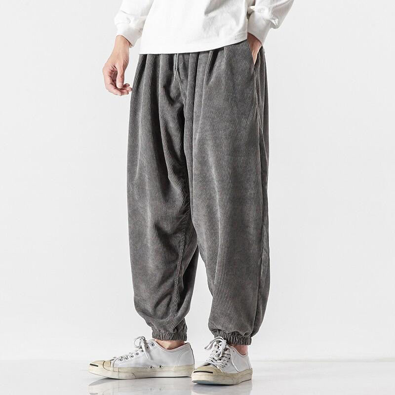Buddha Stones Casual effen corduroy harembroek met Zakken en zakken voor heren, enkellang. - image 1