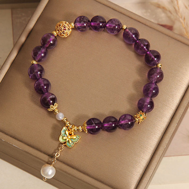 Buddha Stones Natuurlijke amethist barnsteen groene vlinder helende Armband - image 3