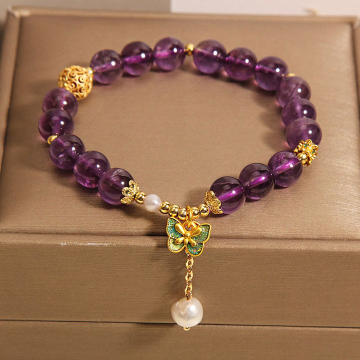 Buddha Stones Natuurlijke amethist barnsteen groene vlinder helende Armband - image 1