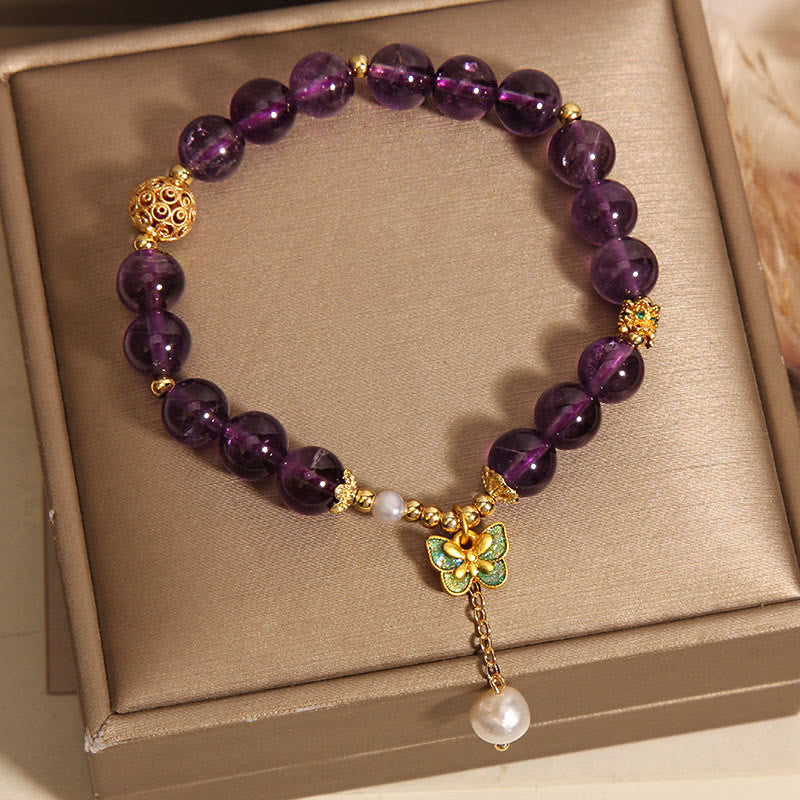 Buddha Stones Natuurlijke amethist barnsteen groene vlinder helende Armband - image 2