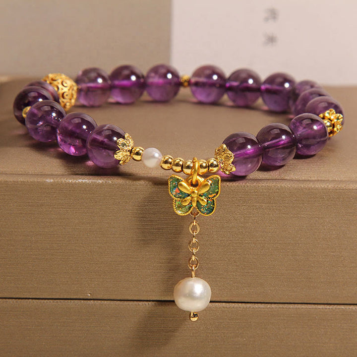 Buddha Stones Natuurlijke amethist barnsteen groene vlinder helende Armband - Vlinder in amethist en ambergroen (Polsomtrek: 15-17 cm) - image 0