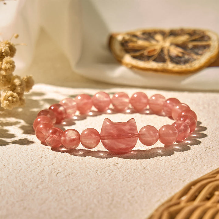 Buddha Stones Mooie Armband met rode agaat kralen in de vorm van een kattenkop. - Rode agaat (Polsomtrek: 15-20 cm) - image 0