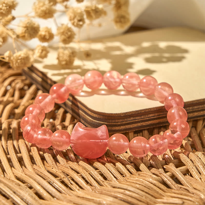 Buddha Stones Mooie Armband met rode agaat kralen in de vorm van een kattenkop. - image 2