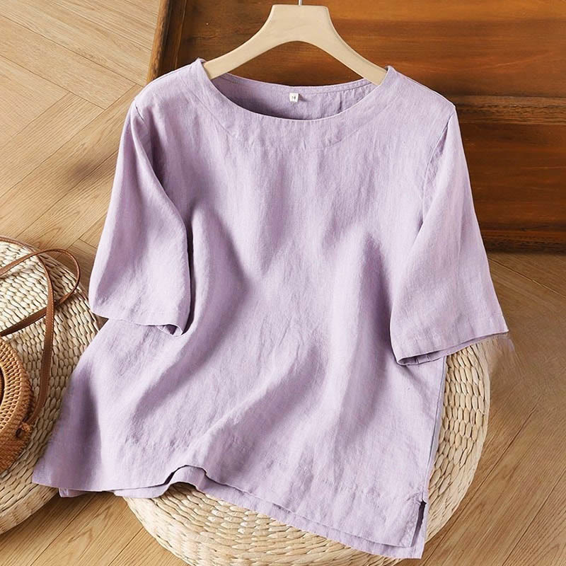Buddha Stones Eenvoudig Ronde hals katoenen dames T-shirt met Korte mouw en zijsplit. - Pruim - US8-10, UK/AU12-14, EU 40-42 (3XL) - image 0