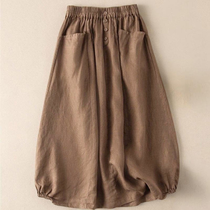 Buddha Stones Zomerrok voor dames met effen kleur, knoopsluiting, elastische Taille , Lengte 7-8 en Zakken. - image 2