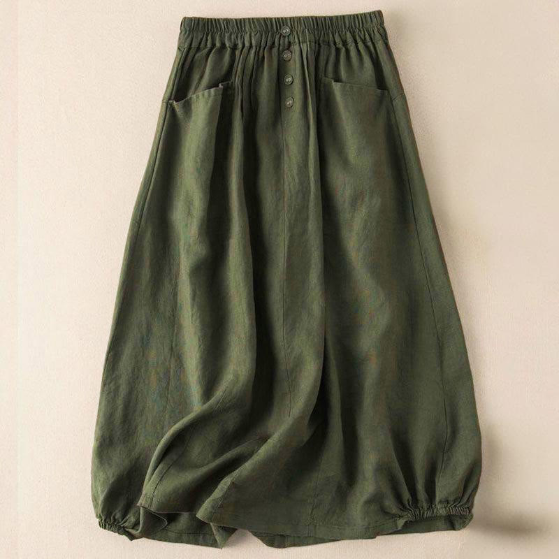 Buddha Stones Zomerrok voor dames met effen kleur, knoopsluiting, elastische Taille , Lengte 7-8 en Zakken. - Donker olijfgroen - US16, UK/AU20, EU48 (5XL) - image 4