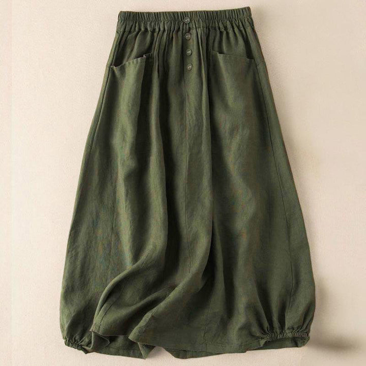 Buddha Stones Zomerrok voor dames met effen kleur, knoopsluiting, elastische Taille , Lengte 7-8 en Zakken. - Donker olijfgroen - US16, UK/AU20, EU48 (5XL) - image 4