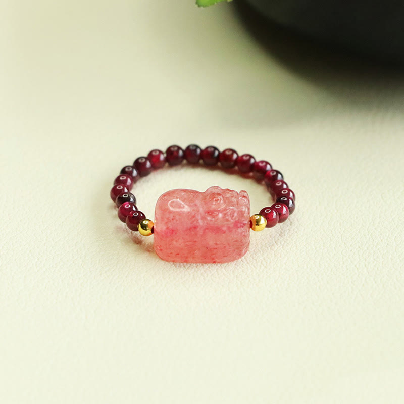 Buddha Stones Granaatkralen Aardbeikwarts PiXiu Ring - image 1