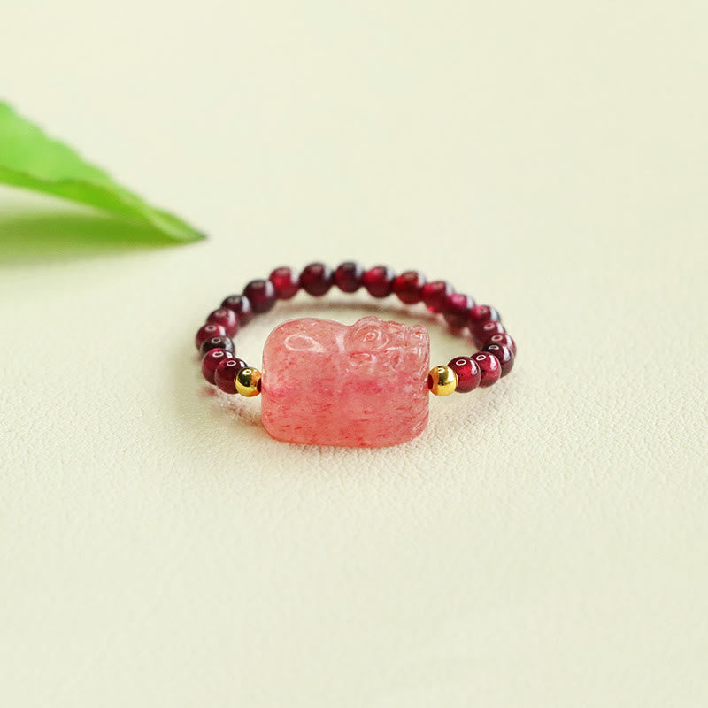 Buddha Stones Granaatkralen Aardbeikwarts PiXiu Ring - Granaatkraal (verstelbaar) - image 0