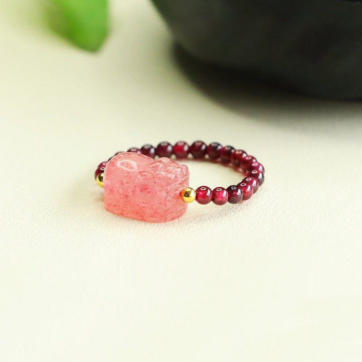 Buddha Stones Granaatkralen Aardbeikwarts PiXiu Ring - image 3