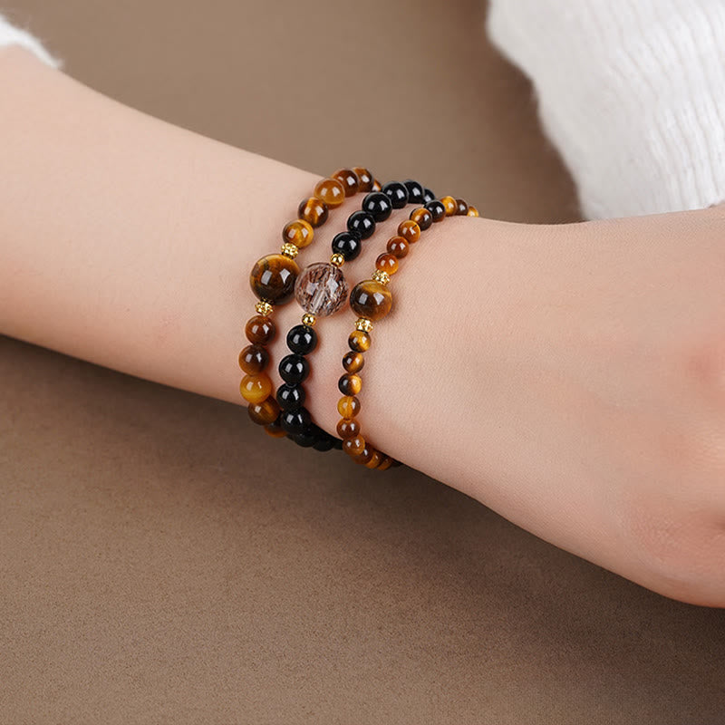 Buddha Stones Armband met kralen van tijgeroog en zwarte obsidiaan, symbool voor moed. - image 4