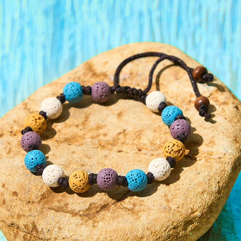Buddha Stones Kleurrijke lavasteen Armband - Witte, blauwe, paarse en gele kralen (Polsomtrek: 15-22 cm) - image 14