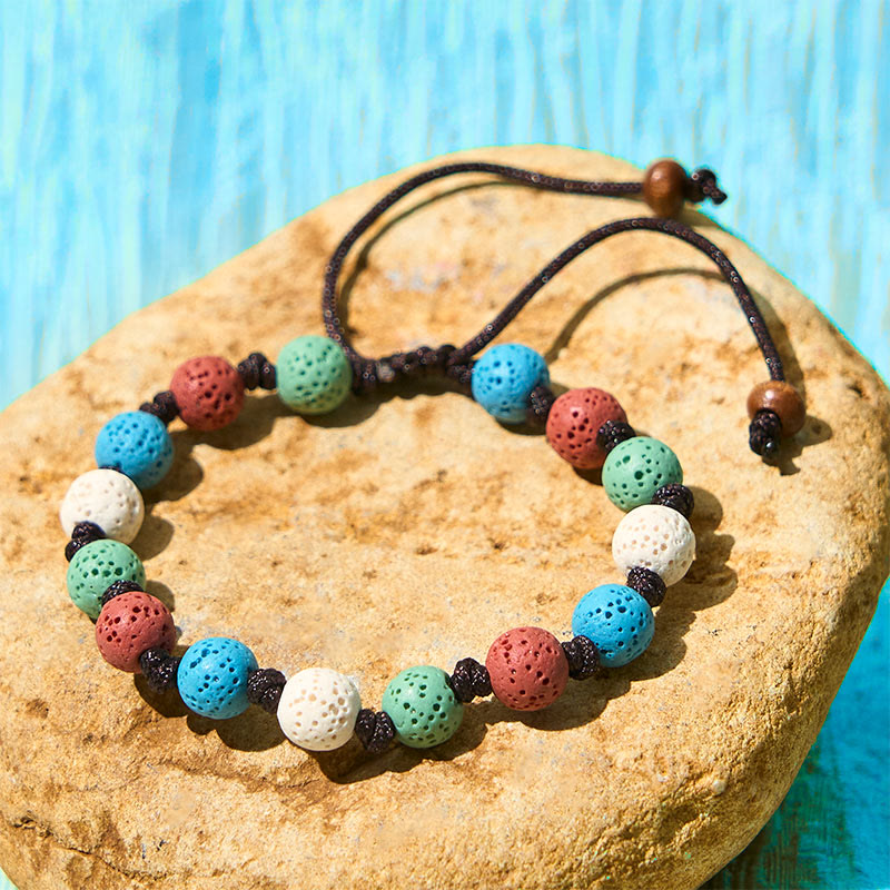 Buddha Stones Kleurrijke lavasteen Armband - Groene, rode, blauwe en witte kralen (Polsomtrek: 15-22 cm) - image 10