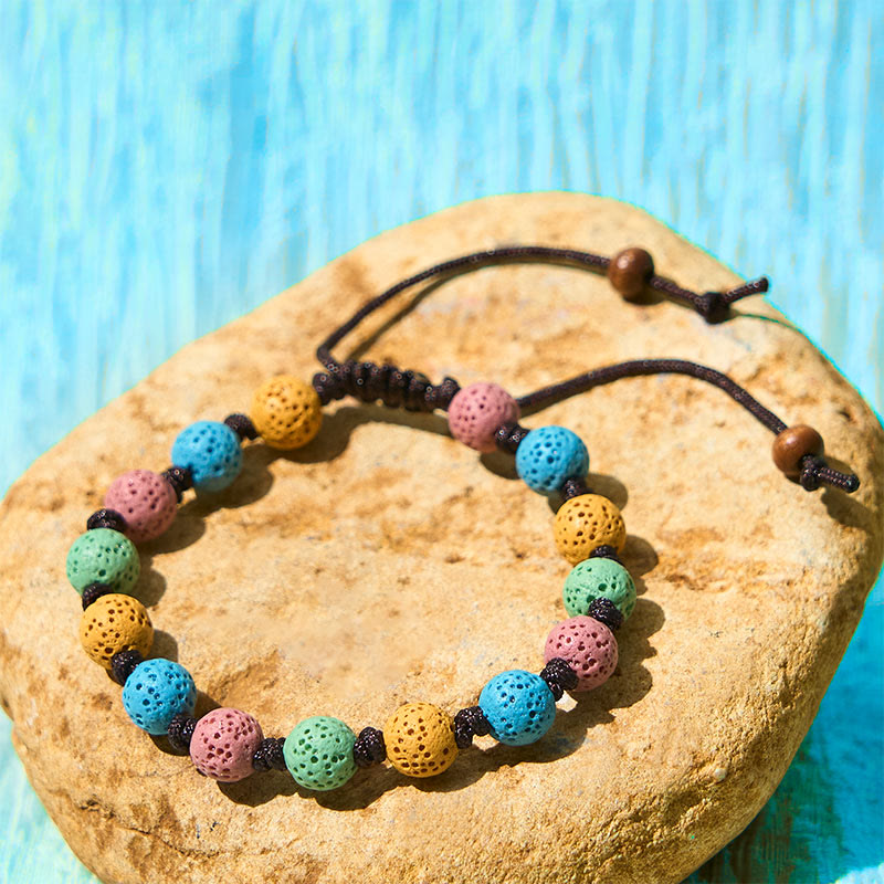 Buddha Stones Kleurrijke lavasteen Armband - Gele, blauwe, roze en groene kralen (Polsomtrek: 15-22 cm) - image 6