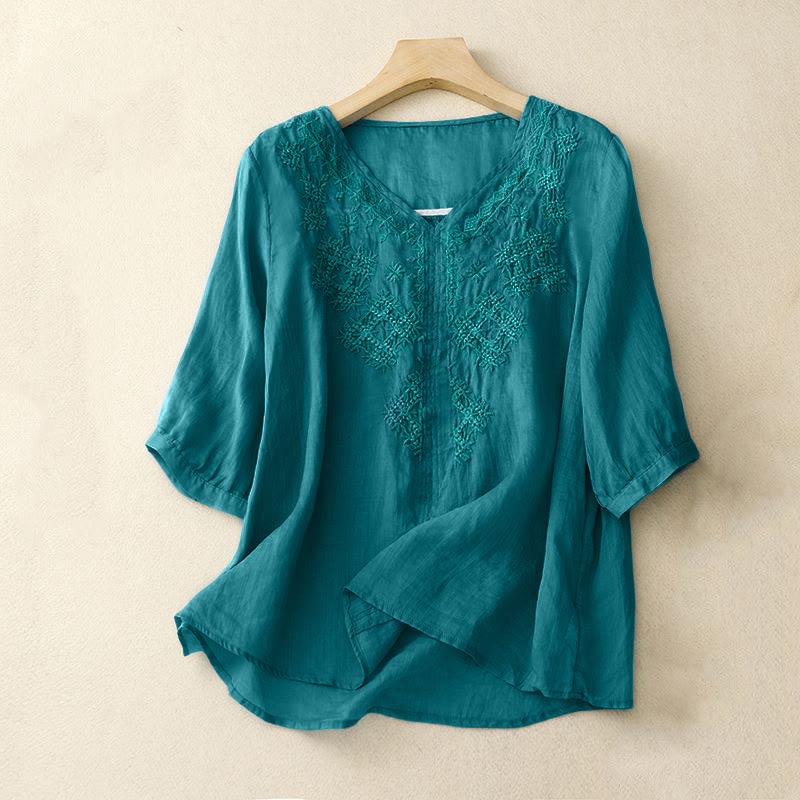 Buddha Stones Damesblouse met V-hals en geborduurde Mouwlengte en korte mouwen - Donker turkoois - US12, UK/AU16, EU44 (2XL) - image 0