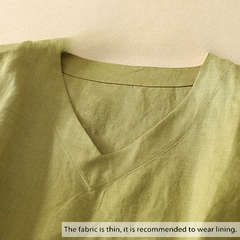 Buddha Stones Zomers casual effen polyester T-shirt met V-hals en korte Mouwlengte voor dames - image 1