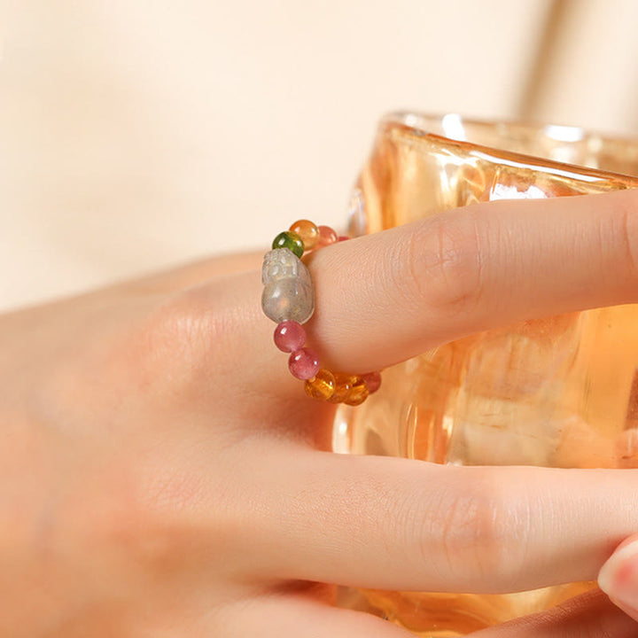 Buddha Stones Natuurlijke toermalijn geluksparel PiXiu amber positieve Ring - image 7