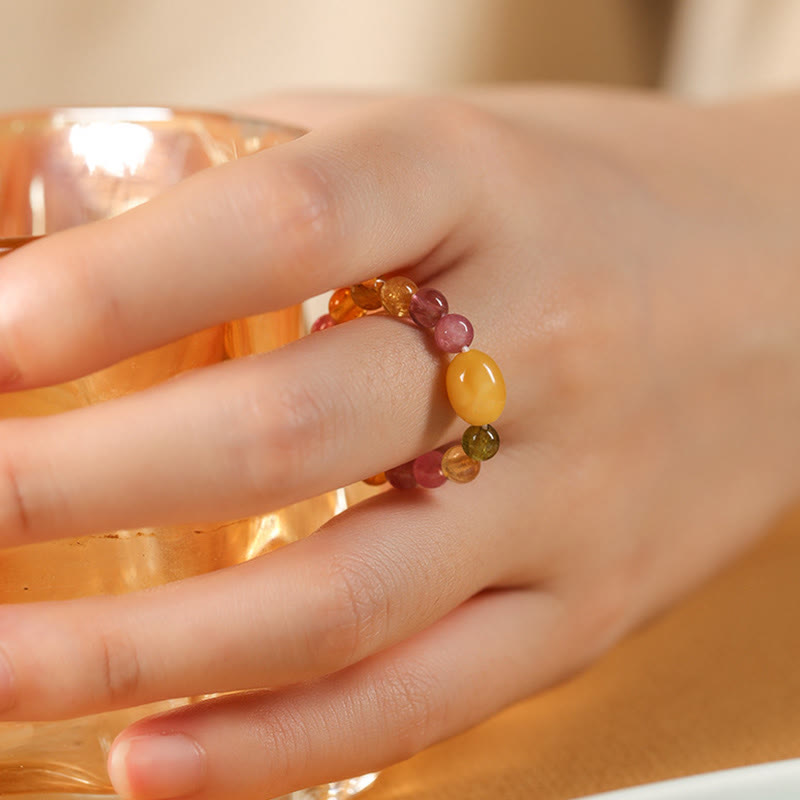 Buddha Stones Natuurlijke toermalijn geluksparel PiXiu amber positieve Ring - image 13