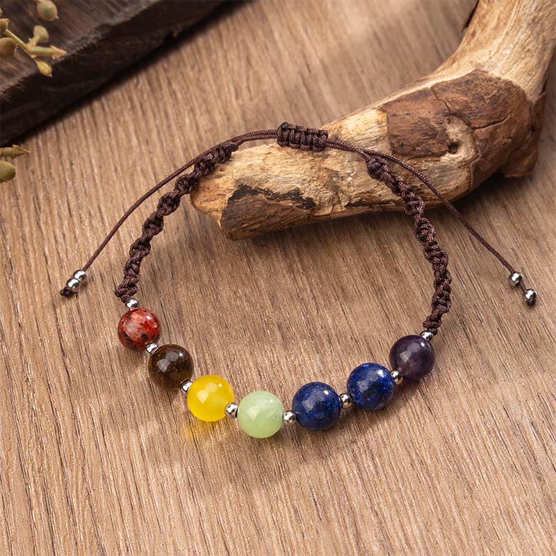 Buddha Stones Natuurlijke armband met diverse kristallen, tijgeroog en amethist, en een touwvormig Armband dat moed uitstraalt. - Bruin touw en diverse kristallen (Polsomtrek: 15-26 cm) - image 0