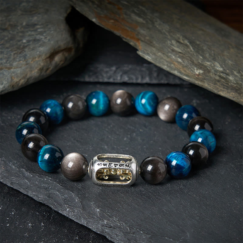 Buddha Stones Natuurlijke zilverglans obsidiaanblauwe tijgeroog Om Mani Padme Hum kalmerende Armband - 20 cm - image 0