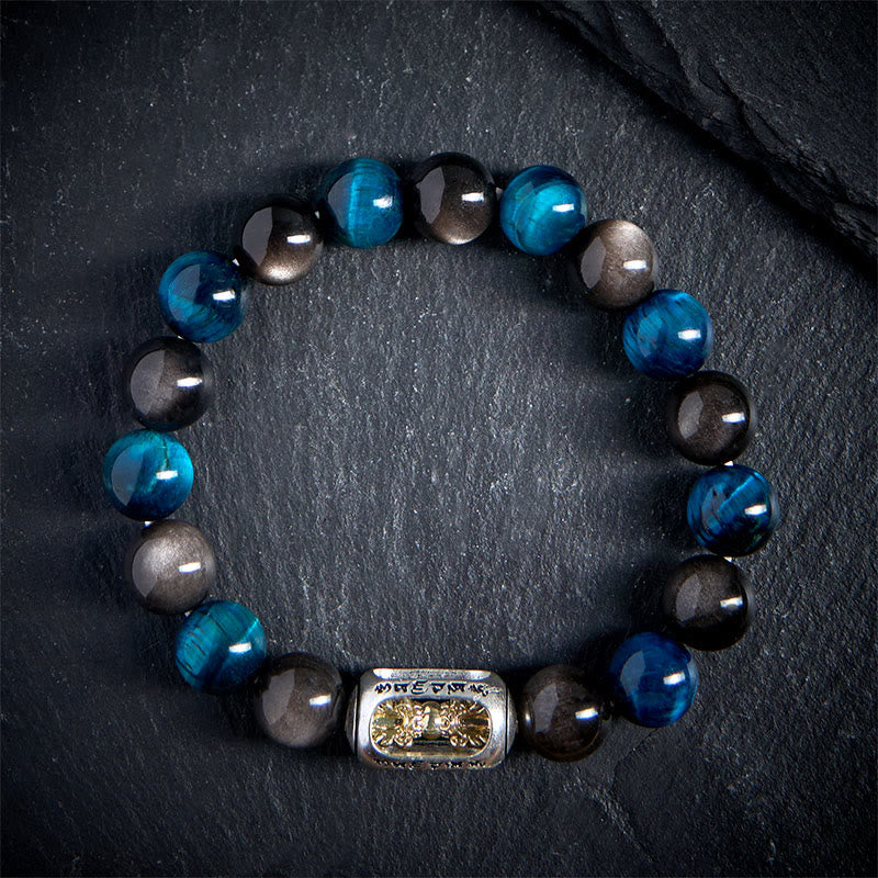 Buddha Stones Natuurlijke zilverglans obsidiaanblauwe tijgeroog Om Mani Padme Hum kalmerende Armband - image 1