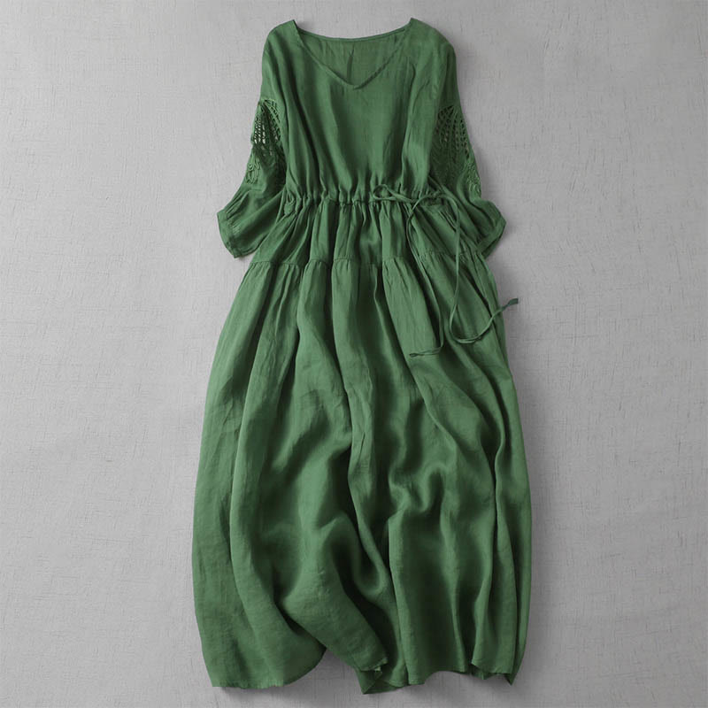 Buddha Stones Geborduurde patchwork Midi -jurk met Lang Pofmouw en Zakken - Zeegroen - US8-10，UK/AU12-14，EU40-42 (2XL) - image 1