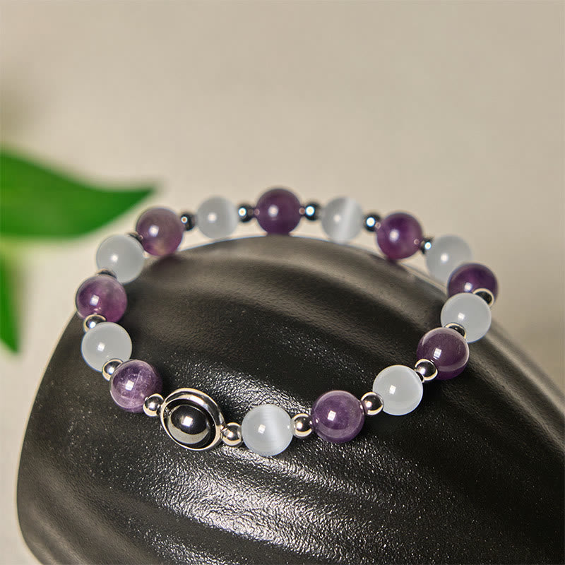 Buddha Stones Armband met natuurlijke amethist witte kattenoogkralen - Amethist & witte kattenoog (Polsomtrek: 15-17 cm) - image 0