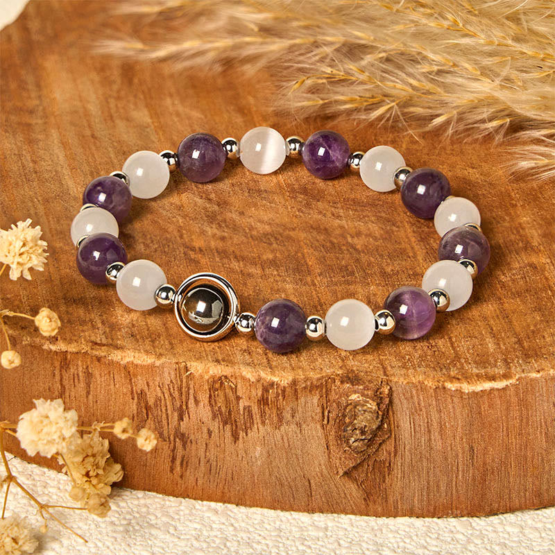 Buddha Stones Armband met natuurlijke amethist witte kattenoogkralen - image 1