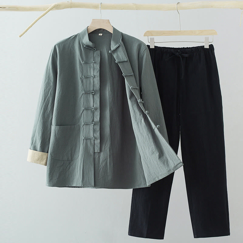 Buddha Stones 2-delige Tang Suit herenset: overhemd en broek met Lange mouw en kikkerknopen, gemaakt van katoen en linnen, met Zakken. - Cadetblauwe blouse + zwarte broek - US/UK/AU44, EU54 (4XL) - image 0