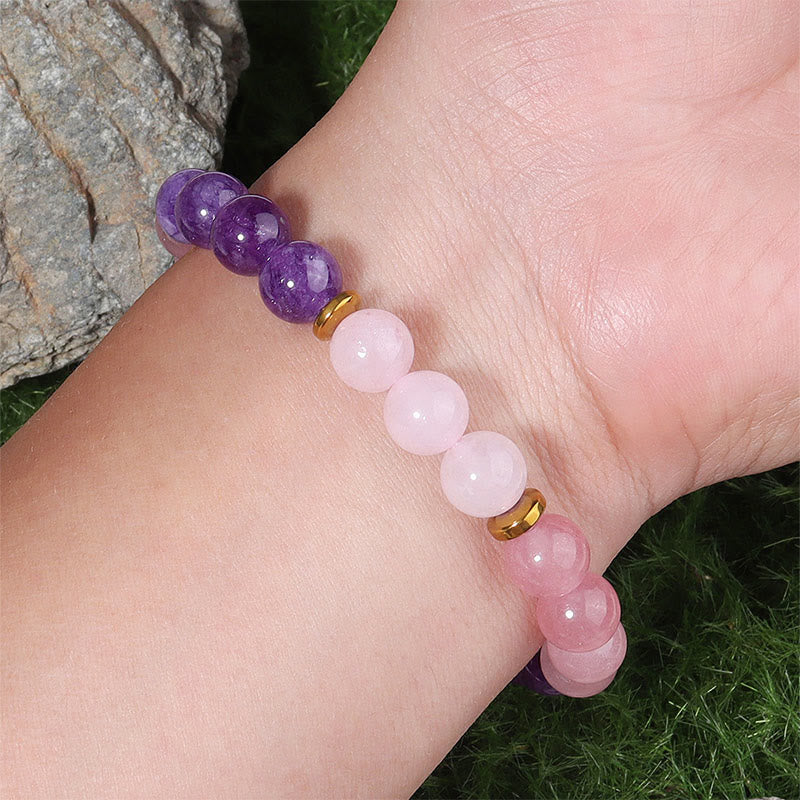 Buddha Stones Armband met amethist, aardbeikwarts en roze kristallen kralen, liefde en vrede. - image 3