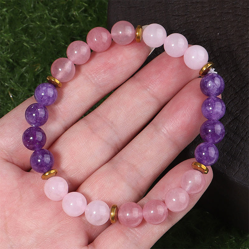 Buddha Stones Armband met amethist, aardbeikwarts en roze kristallen kralen, liefde en vrede. - image 2