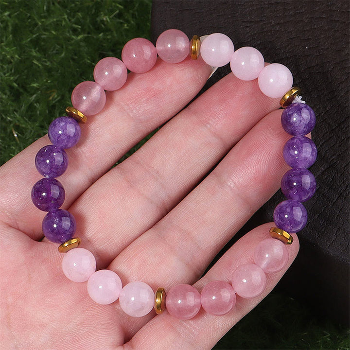 Buddha Stones Armband met amethist, aardbeikwarts en roze kristallen kralen, liefde en vrede. - image 2