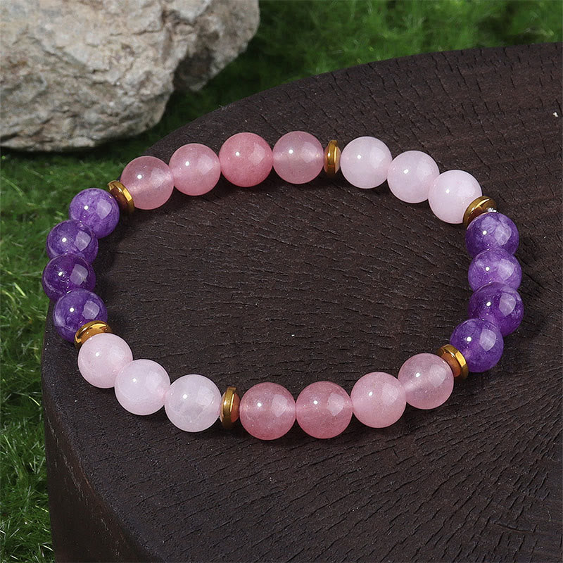 Buddha Stones Armband met amethist, aardbeikwarts en roze kristallen kralen, liefde en vrede. - Amethist, aardbeikwarts en roze kristal (Polsomtrek: 19-22 cm) - image 0