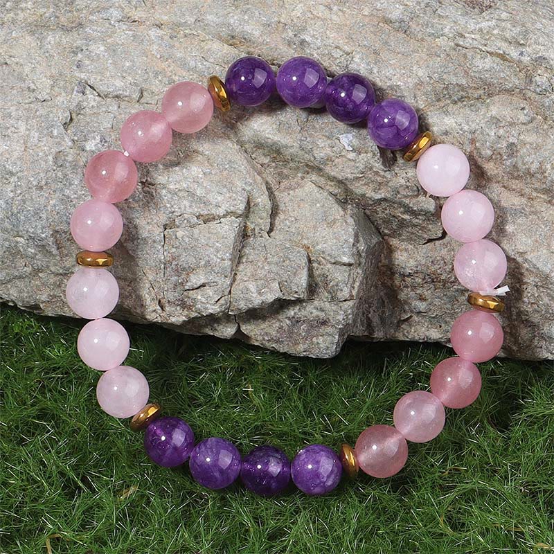 Buddha Stones Armband met amethist, aardbeikwarts en roze kristallen kralen, liefde en vrede. - image 1