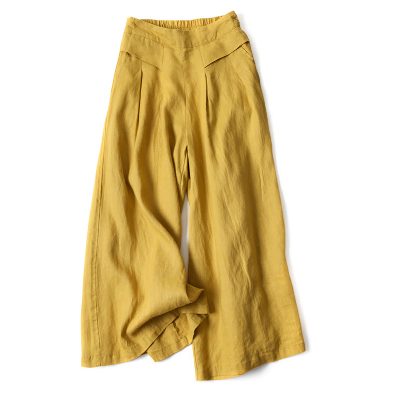 Buddha Stones Effen katoen-linnen broek met hoge Taille en wijde pijpen, inclusief Zakken. - Geel - US16, UK/AU20, EU48 (3XL) - image 0