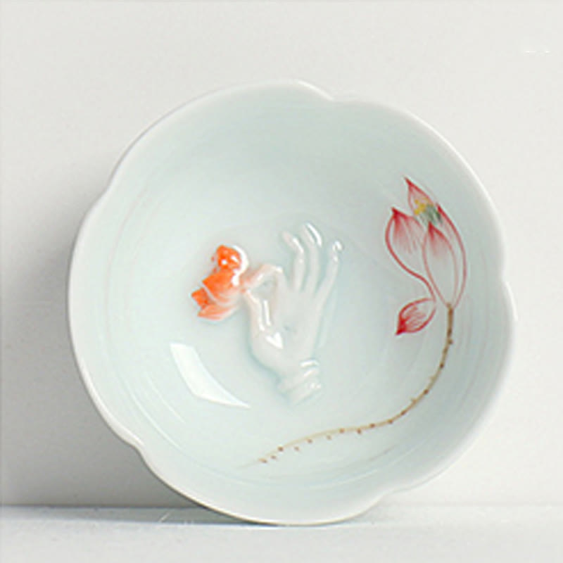 Buddha Stones Koi-vis Lotus Hand Theekopje Kung Fu Theekopje - Rode lotusbloem en hand 8,8 cm * 3 cm * 3,5 cm - image 4