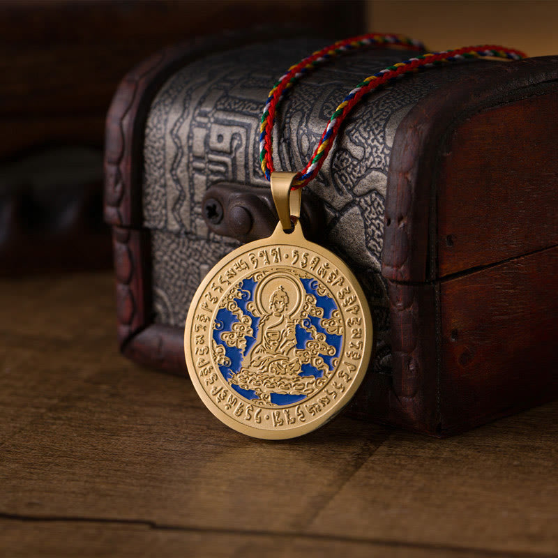 Buddha Stones Blauwe Medicijn Boeddha Hart Mantra Titanium Stalen Geloof Gekleurde Touw Ketting - image 1