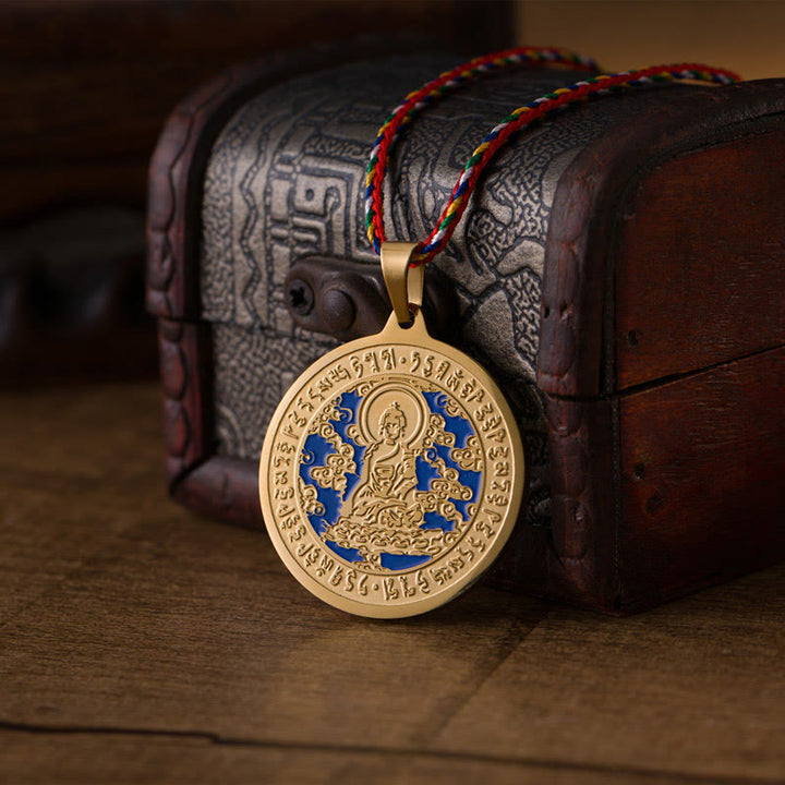 Buddha Stones Blauwe Medicijn Boeddha Hart Mantra Titanium Stalen Geloof Gekleurde Touw Ketting - image 1